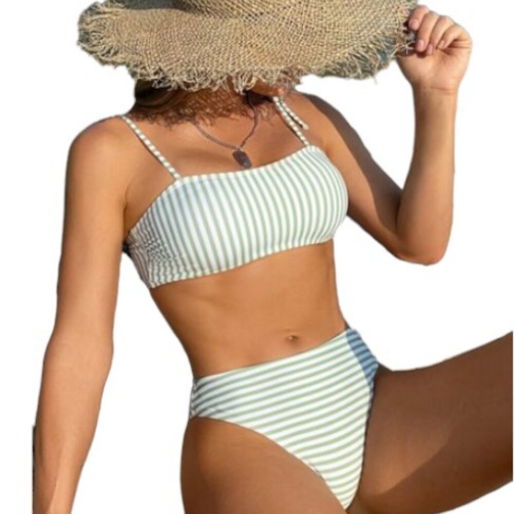 Unbranded light green and white stripes two piece bathing suit size S